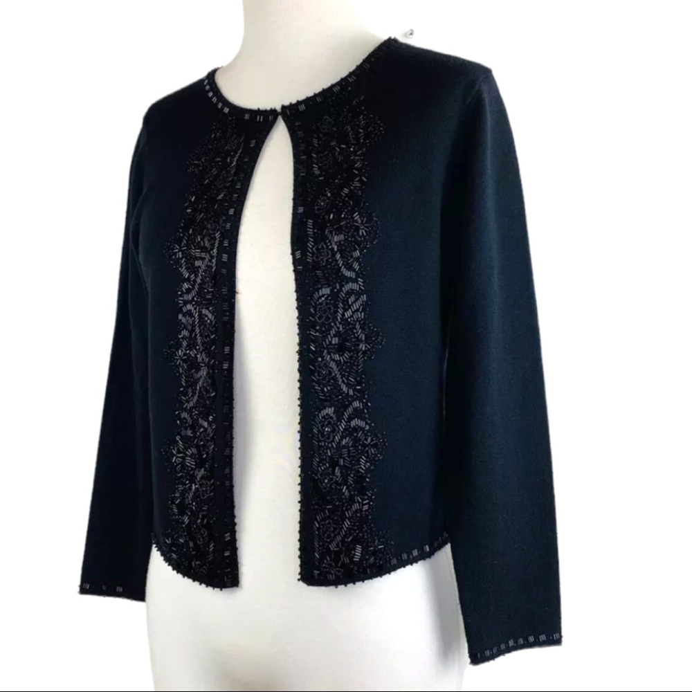 BROOKS BROTHERS Open Front Sweater Fine Merino Italian Wool Hand Beaded Black XS - Picture 7 of 12